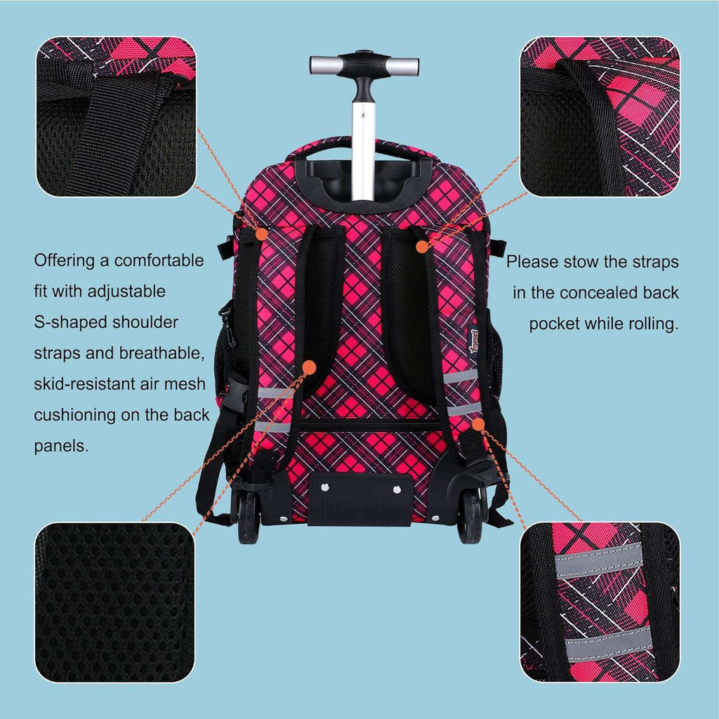 seastig Red Plaid Rolling Backpack 18in Wheeled Backpack Roller Backpack Carry-on Bag Laptop Backpack for Adults Kids School Trip
