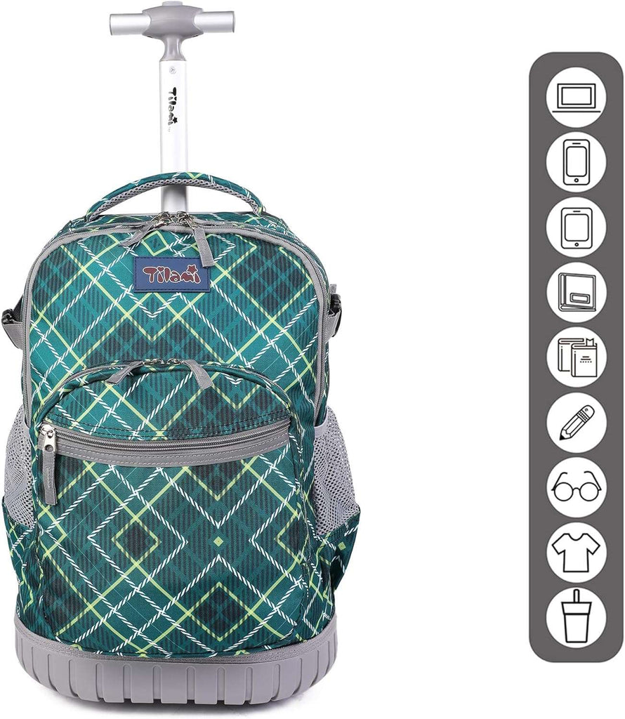 Tilami Rolling Backpack, 19 inch Shoulder Drop, Concealed Pockets and Wheel Cover, Laptop Backpack for Boys and Girls, Checkered Green