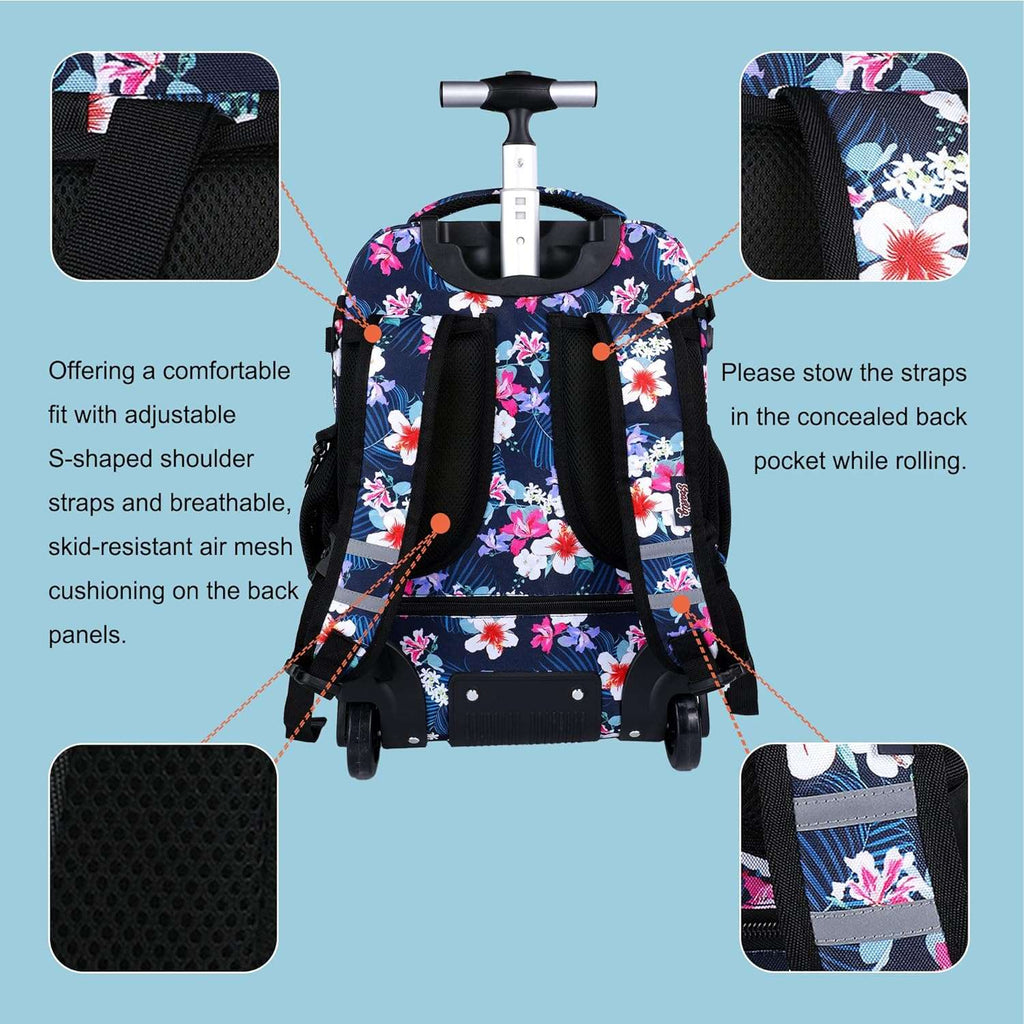Seastig Flower NavyBlue 18 inch Single Handle Rolling Backpack for Kids with Lunch Bag and Pencil Case Set