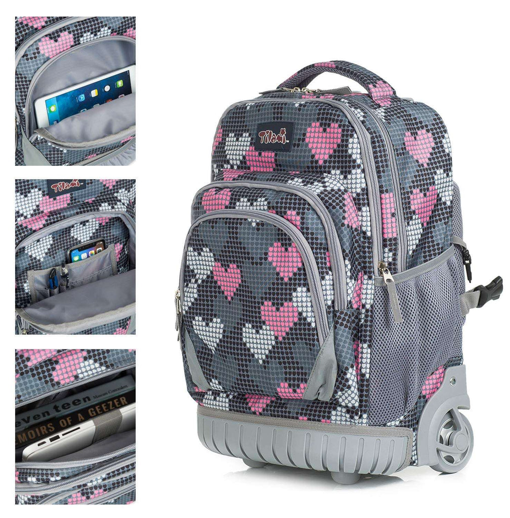 Tilami Loving Heart Rolling Backpack 19 inch with Lunch Bag Wheeled Laptop Backpack