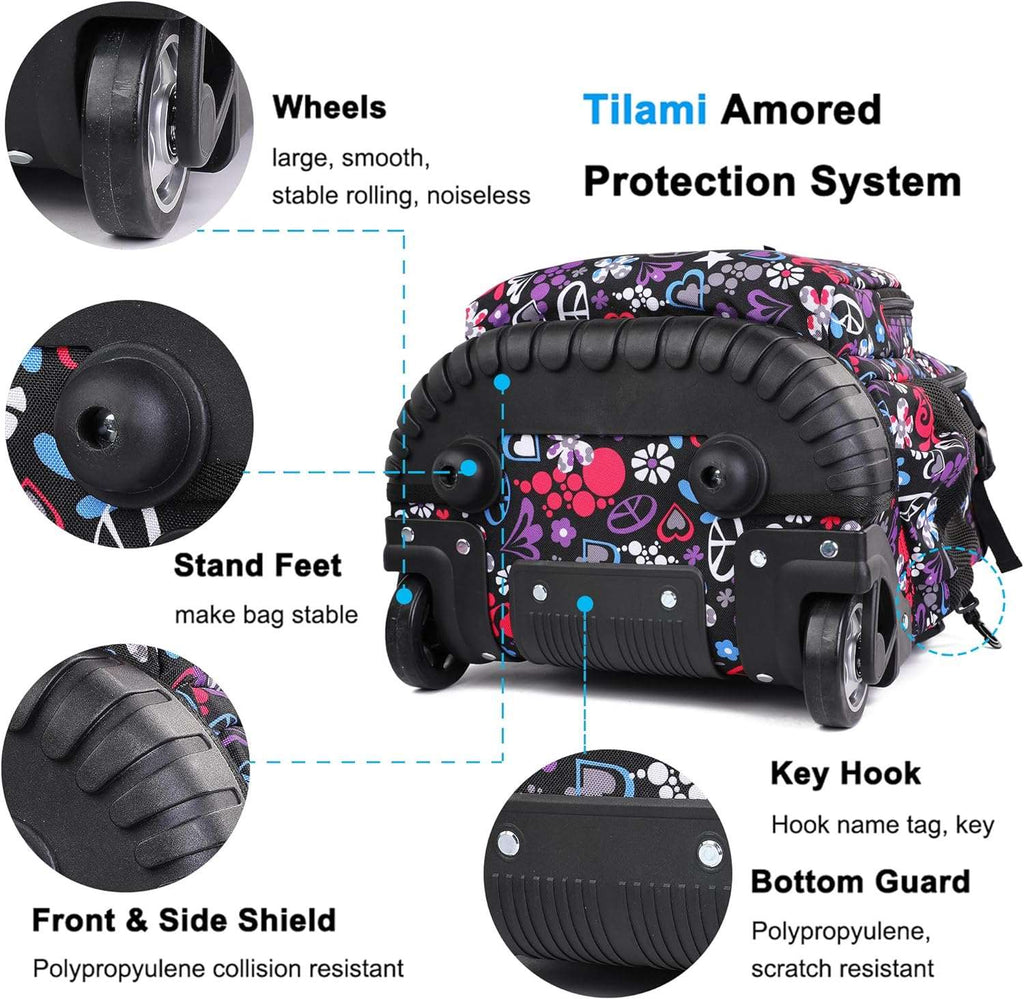 Tilami Rolling Backpack 19 inch with Lunchbox Wheeled Laptop Backpack, Heart Black
