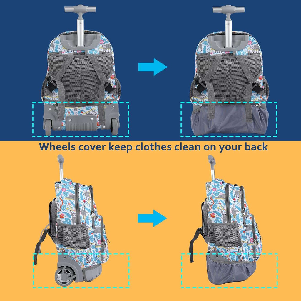 seastig Blue Sloth Rolling Backpack 16 inch Wheeled Backpack with Lunch Bag & Pencil Case Roller Backpack Set Carry-on Bag School Travel