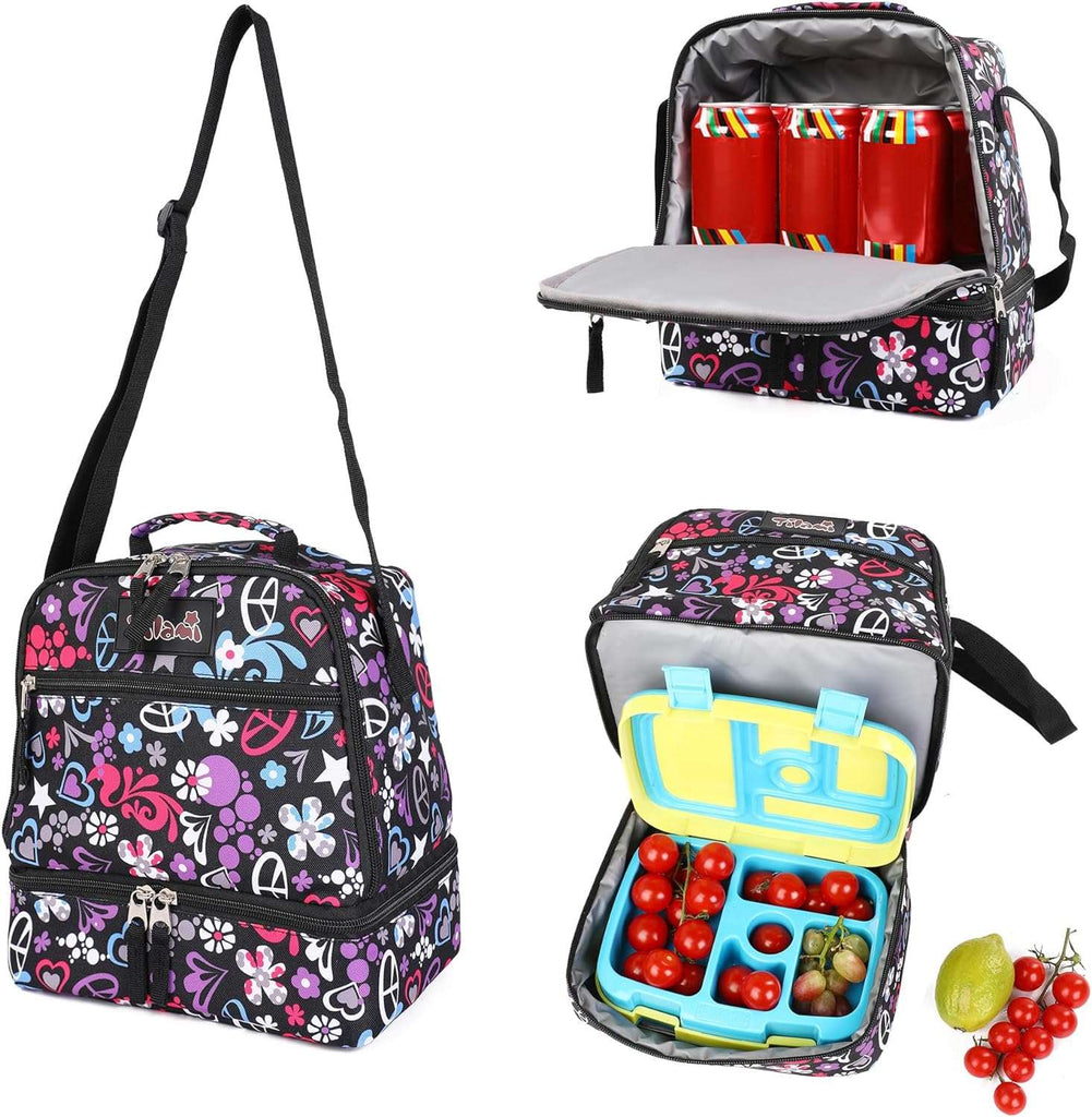 Tilami Heart Black Insulated Lunch Bags Water-Resistant Cooler Bag