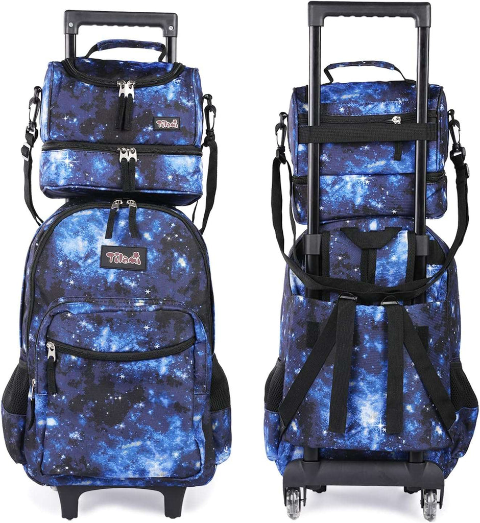 Tilami Galaxy Blue Rolling Backpack 18 inch Double Handle with Lunch Bag