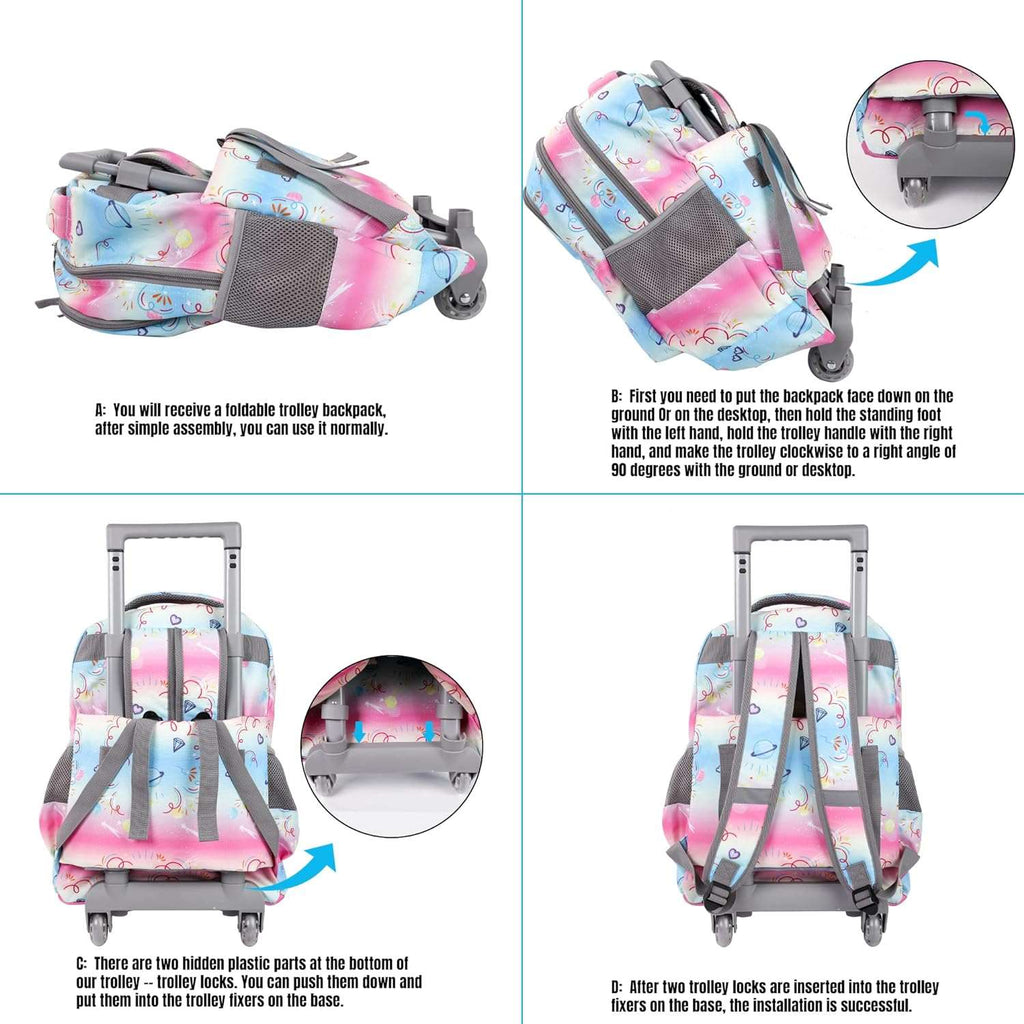 seastig Colorful Unicorn Rolling Backpack for Kids Wheeled Backpack 18in Double Handle Backpack with Wheels