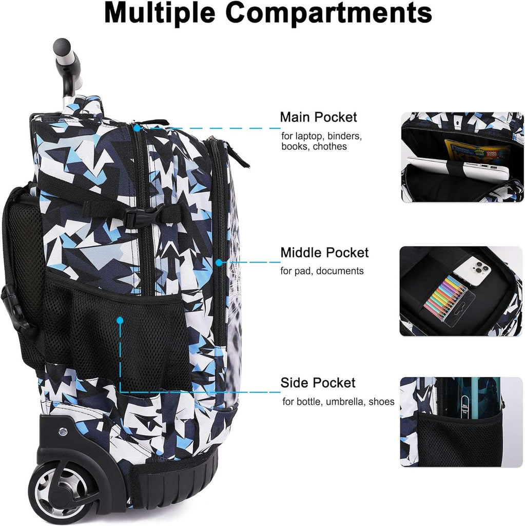 Tilami Rolling Backpack, 18 inch Shoulder Drop, Concealed Pockets and Wheel Cover, Laptop Backpack for Boys and Girls, Leopard Black