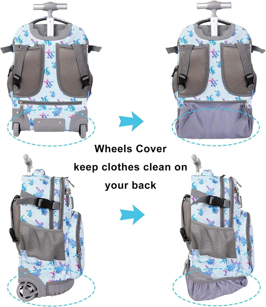 Tilami Rolling Backpack, 18 inch Shoulder Drop, Concealed Pockets and Wheel Cover, Laptop Backpack for Boys and Girls, Turtle Blue