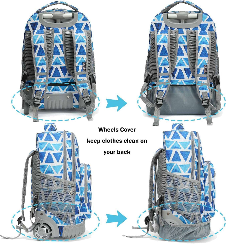 Tilami Rolling Backpack Triangles Pattern Blue Color 19 inch Wheeled Boys Girls for Travel School Student Trip