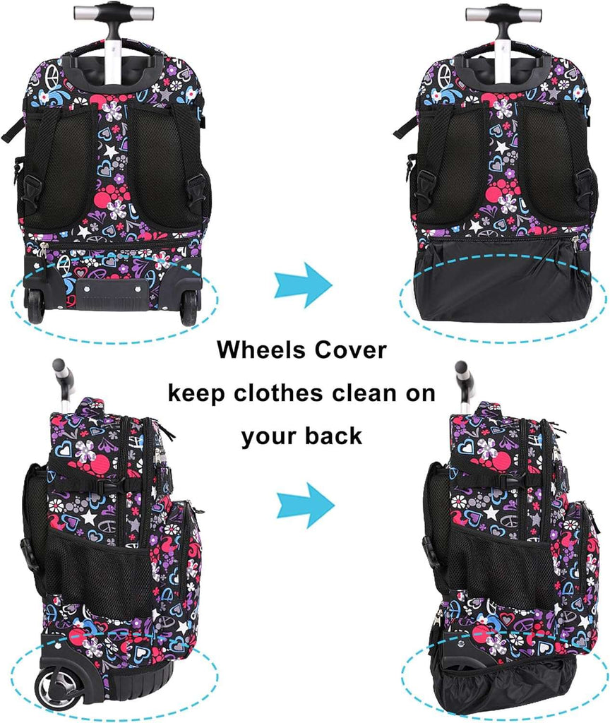 Tilami Rolling Backpack, 18 inch Shoulder Drop, Concealed Pockets and Wheel Cover, Laptop Backpack for Boys and Girls, Heart Black
