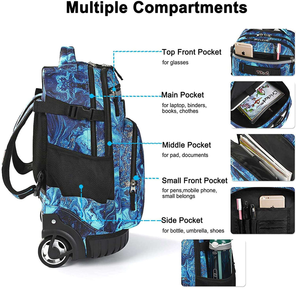 Tilami Blue Wave Rolling Backpack 18 inch with Lunch Bag Wheeled Laptop Backpack
