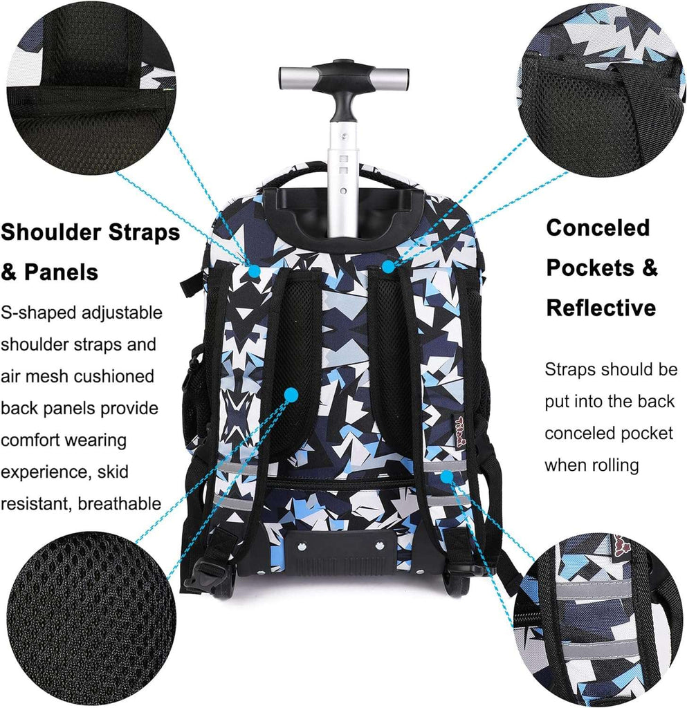 Tilami Rolling Backpack, 18 inch Shoulder Drop, Concealed Pockets and Wheel Cover, Laptop Backpack for Boys and Girls, Leopard Black