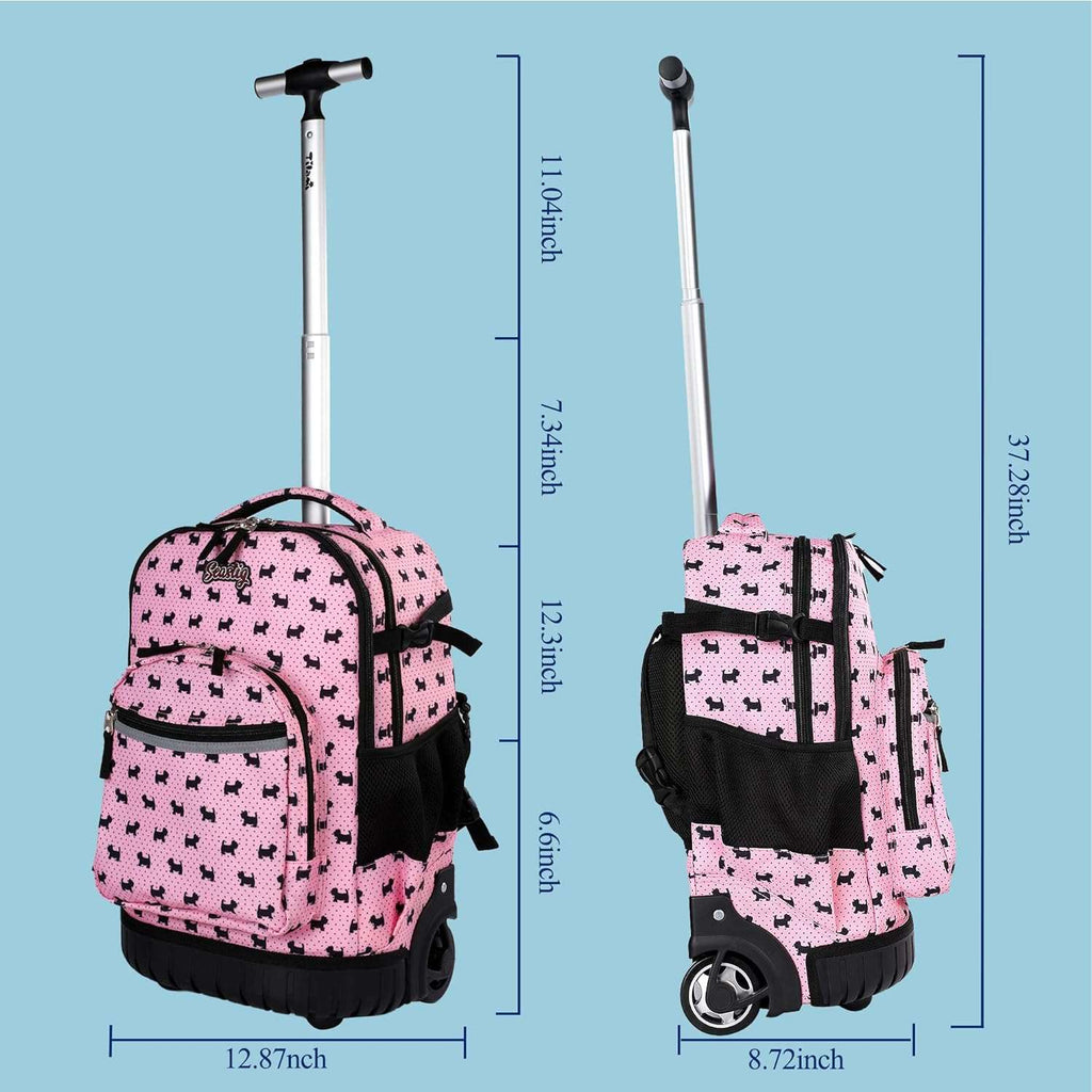 seastig Pink Dog Rolling Backpack 18in Wheeled Backpack Roller Backpack Carry-on Bag Laptop Backpack for Adults Kids School Trip