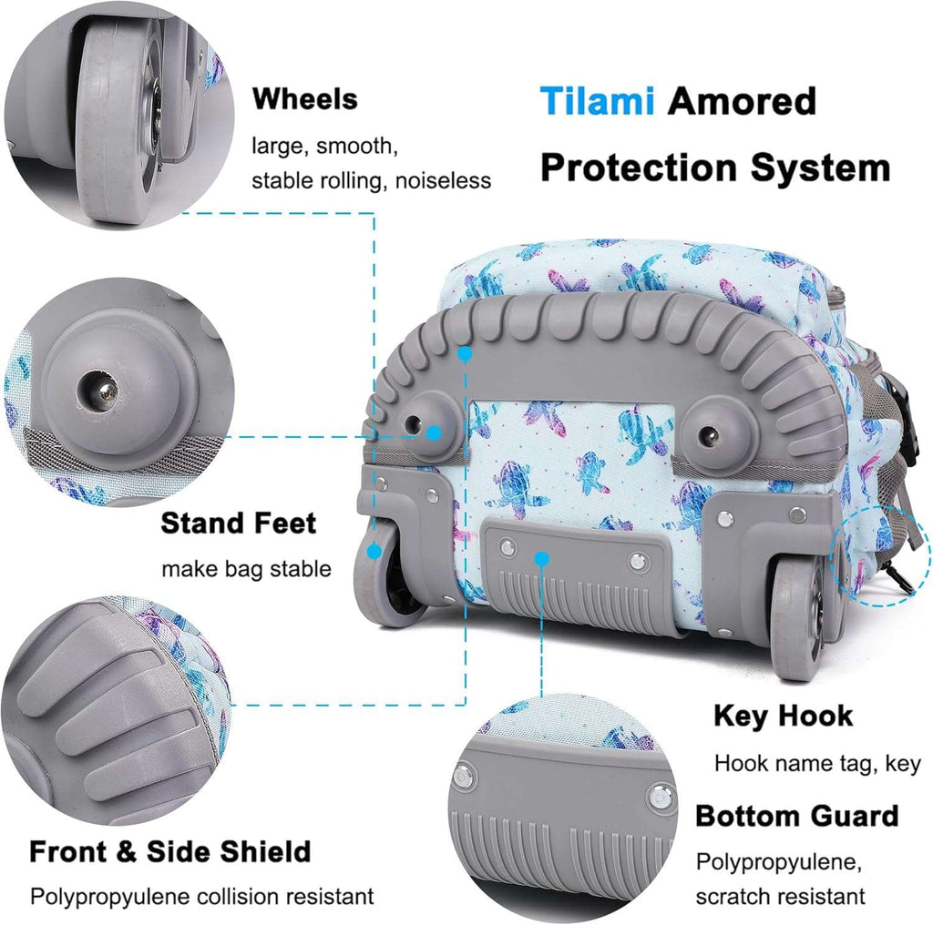 Tilami Blue Turtle Rolling Backpack 18 inch with Lunch Bag