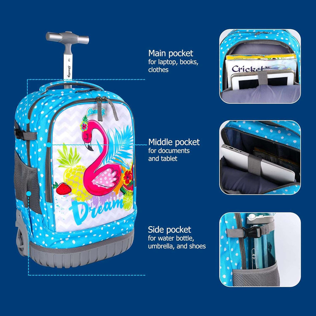 seastig Blue Swan Rolling Backpack 18in Wheeled Backpack Roller Backpack Carry-on Bag Laptop Backpack for Adults Kids School Trip