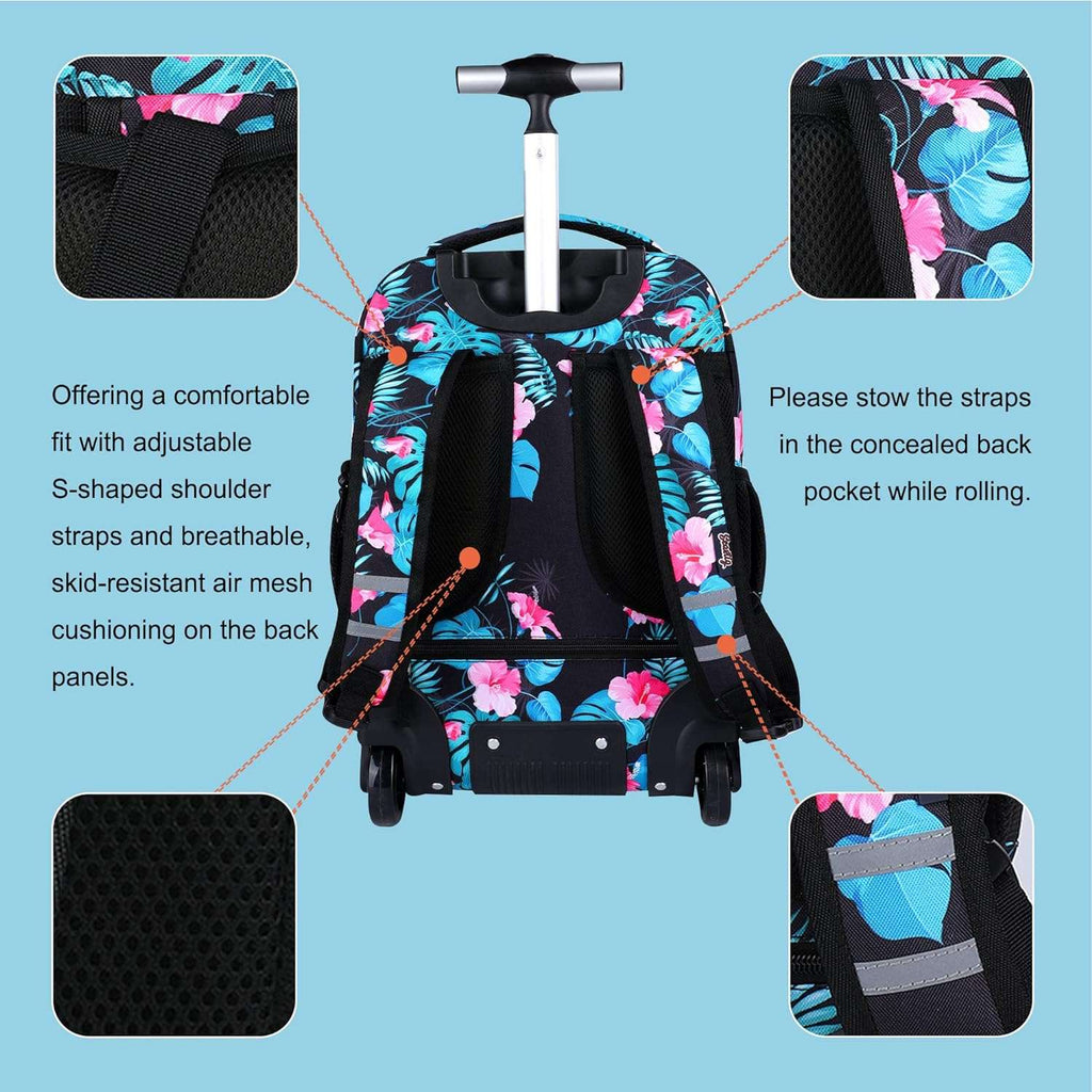 Seastig Leaves Blue 18 inch Single Handle Rolling Backpack for Kids with Lunch Bag and Pencil Case Set