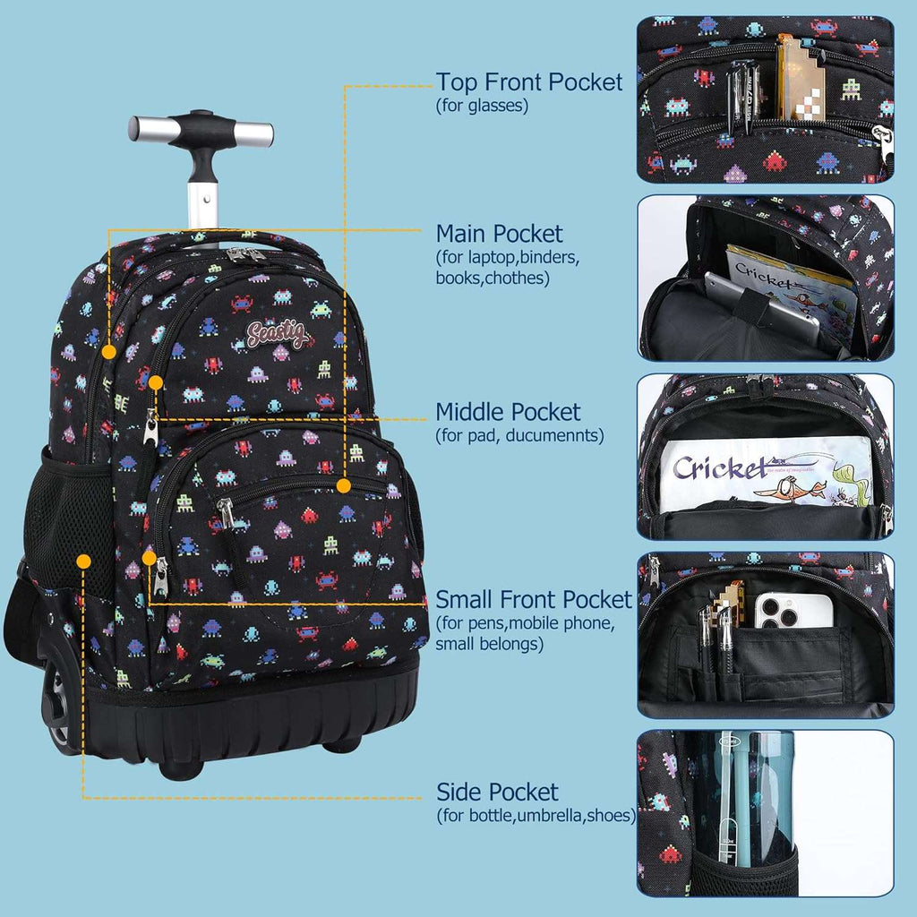 seastig Black Robot Rolling Backpack 16 inch Wheeled Backpack with Lunch Bag & Pencil Case Roller Backpack Set Carry-on Bag School Travel