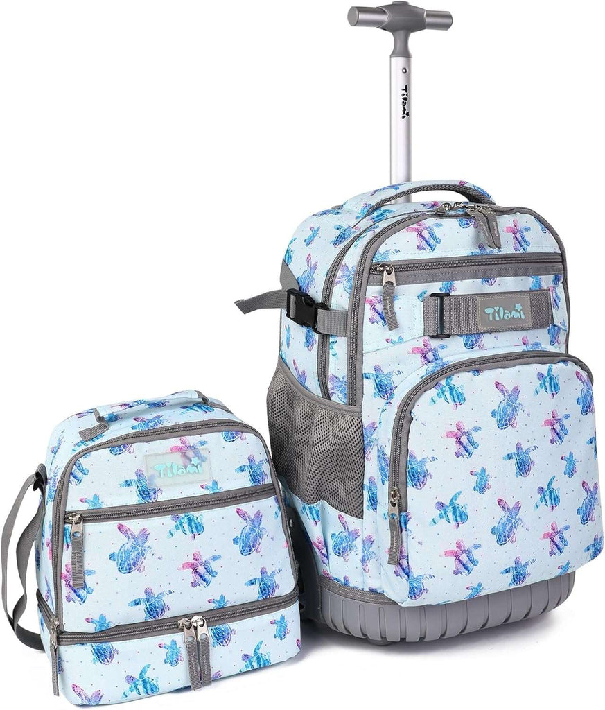 Tilami Blue Turtle Rolling Backpack 18 inch with Lunch Bag