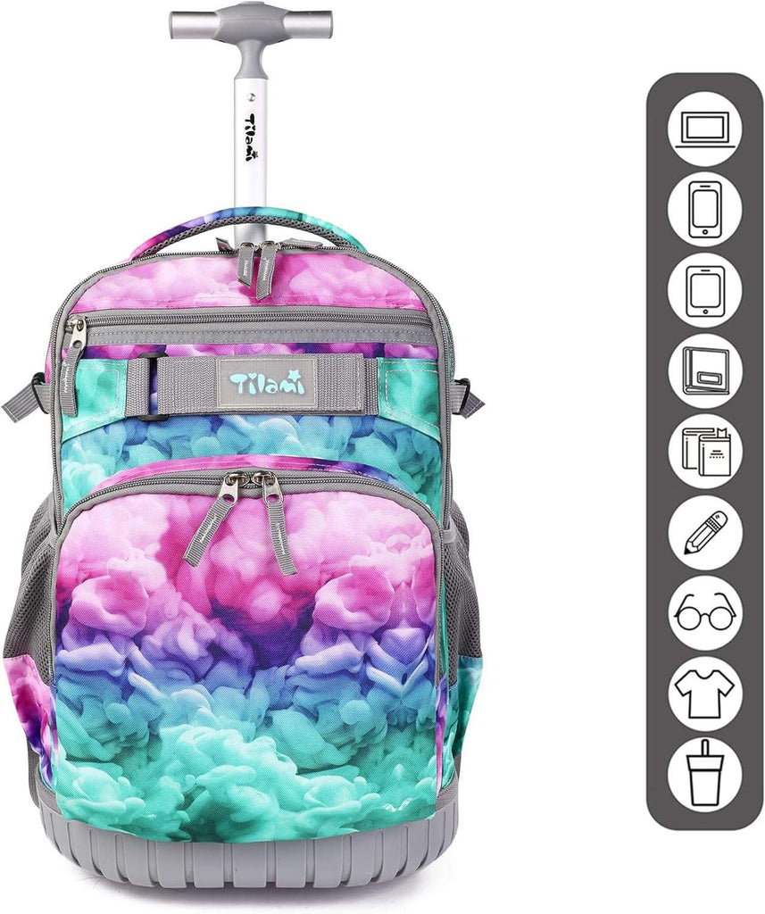Tilami Rolling Backpack 19 inch with Lunchbox Wheeled Laptop Backpack, Clouds Green