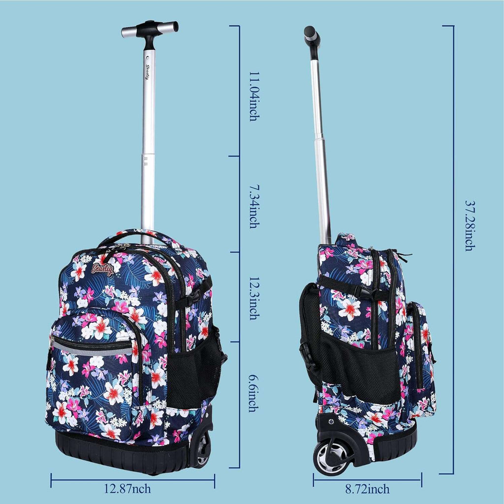Seastig Flower NavyBlue 18 inch Single Handle Rolling Backpack for Kids with Lunch Bag and Pencil Case Set