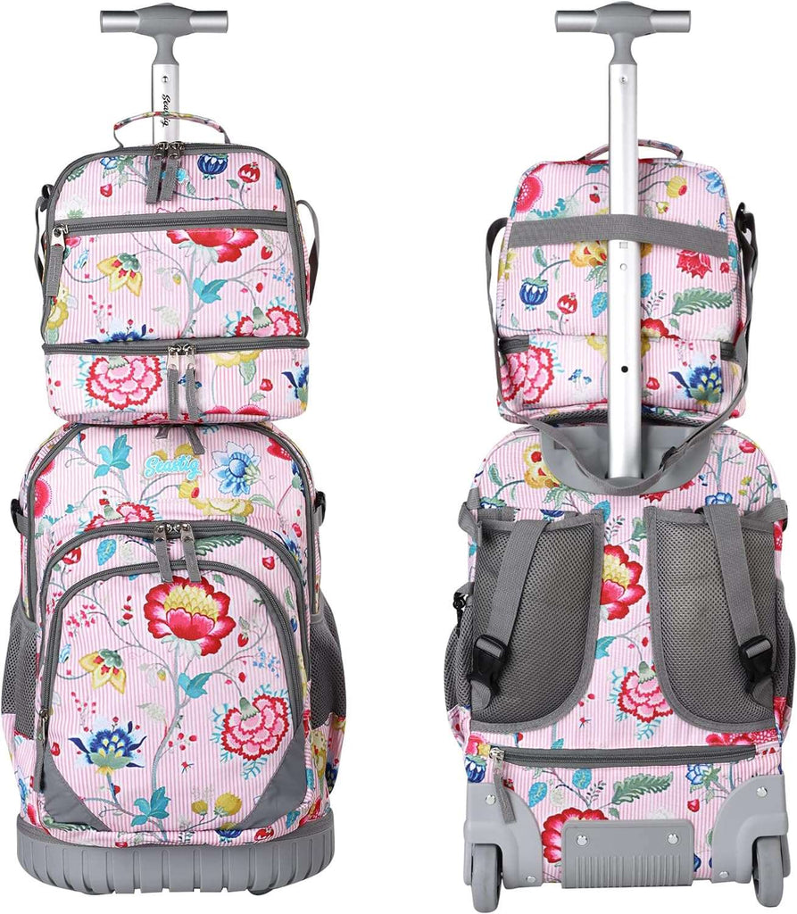 Seastig Flower Pink 18 inch Single Handle Rolling Backpack for Kids with Lunch Bag and Pencil Case Set