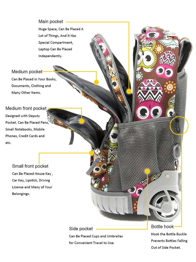 Tilami Cute Owls 18 inch Kids Rolling Backpack