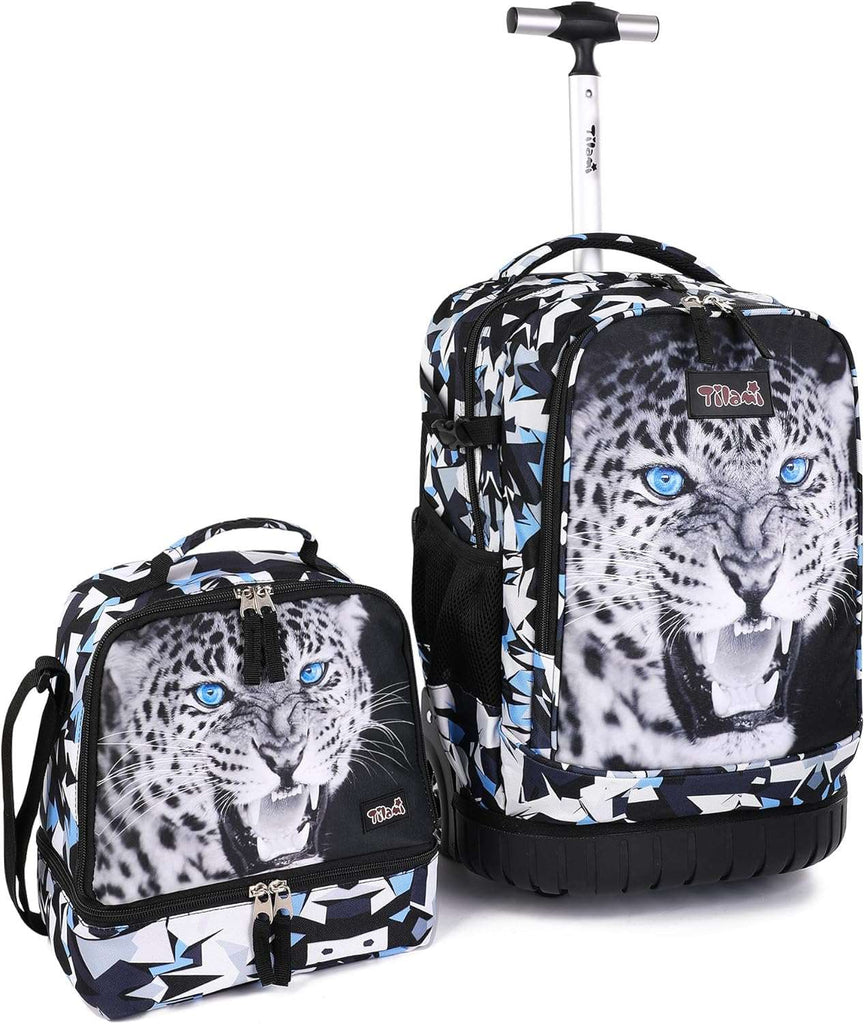 Tilami Rolling Backpack 19 inch with Lunchbox Wheeled Laptop Backpack, Leopard Black