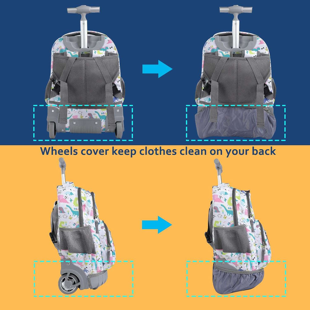 seastig White Dinosaur Rolling Backpack 16 inch Wheeled Backpack with Lunch Bag & Pencil Case Roller Backpack Set Carry-on Bag School Travel