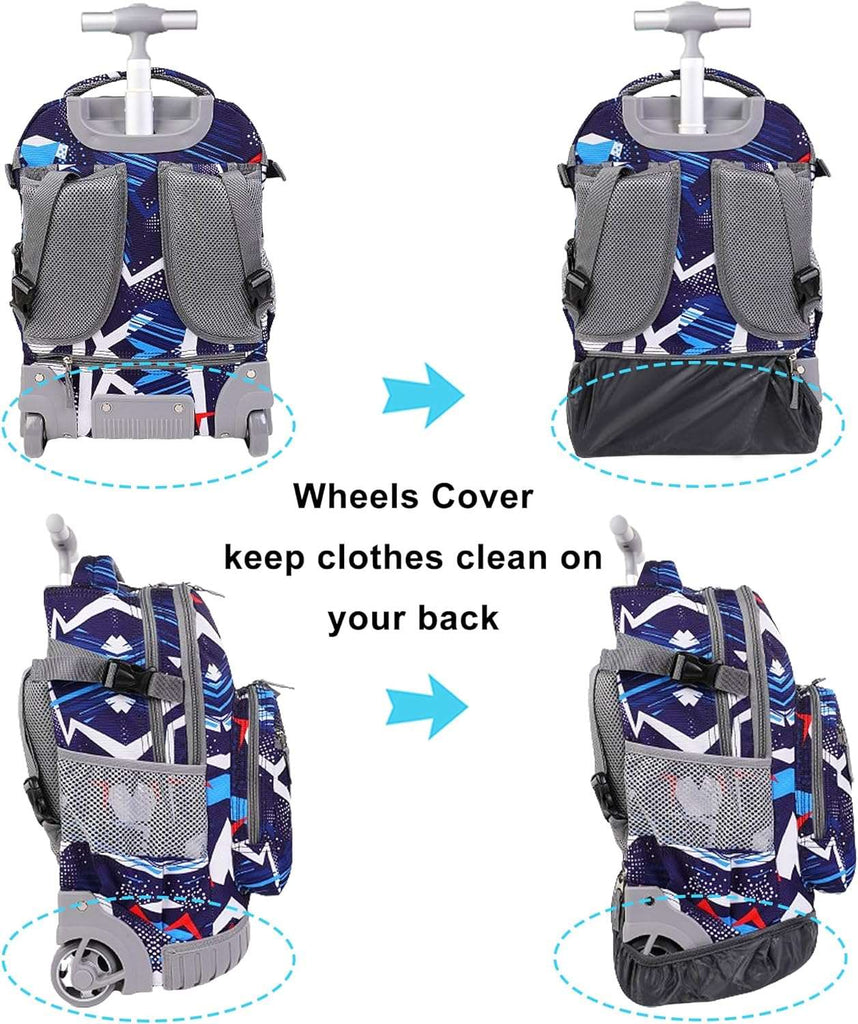Tilami Rolling Backpack, 19 inch Shoulder Drop, Concealed Pockets and Wheel Cover, Laptop Backpack for Boys and Girls, Lightening Blue