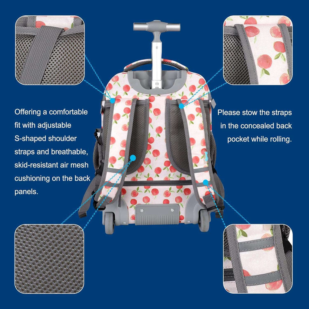 seastig Pink Peach Rolling Backpack 18in Wheeled Backpack Roller Backpack Carry-on Bag Laptop Backpack for Adults Kids School Trip
