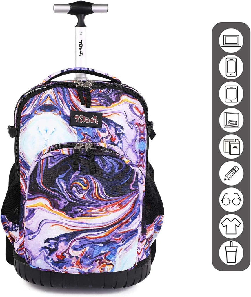 Tilami Rolling Backpack, 18 inch Shoulder Drop, Concealed Pockets and Wheel Cover, Laptop Backpack for Boys and Girls, Painting Purple