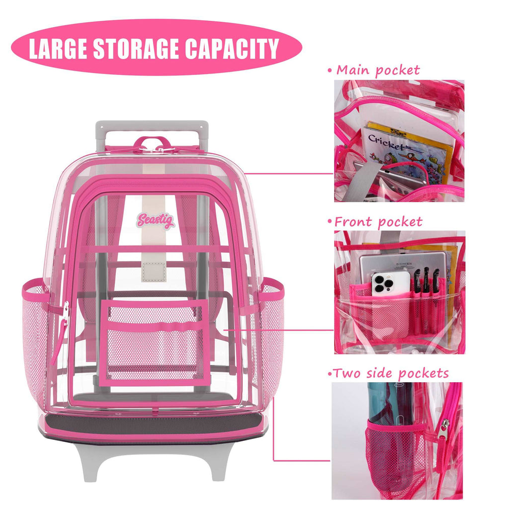 Seastig Pink 18in Clear Double Handle Rolling Backpack