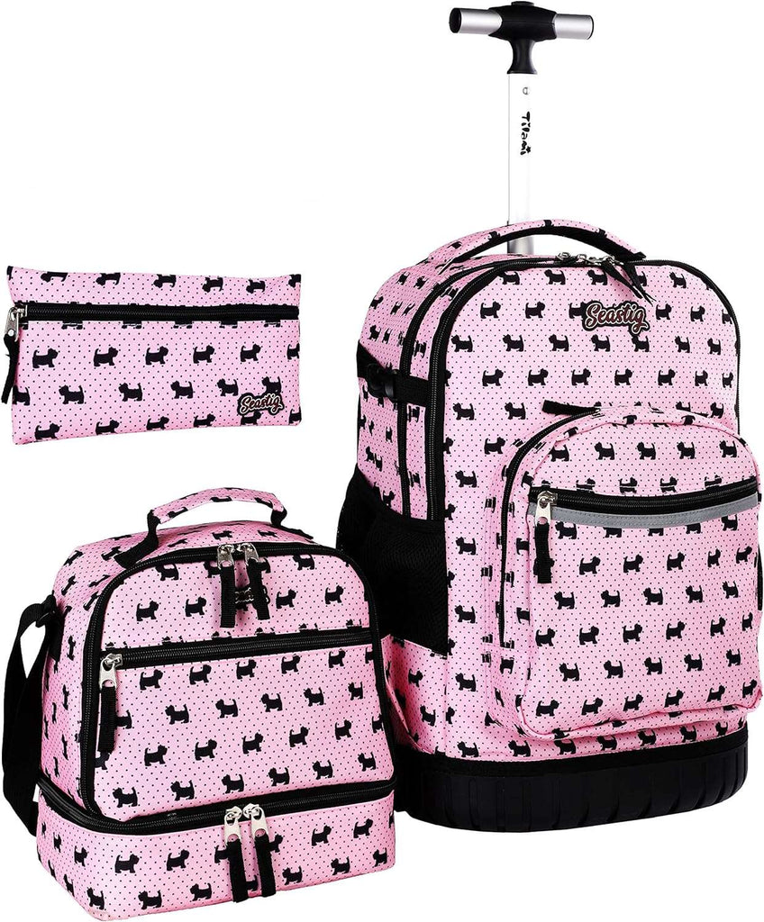 Seastig Dog Pink 18 inch Single Handle Rolling Backpack for Kids with Lunch Bag and Pencil Case Set