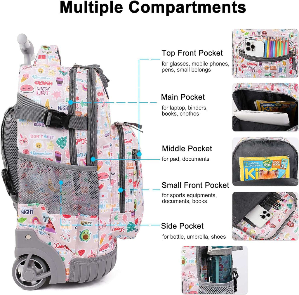 Tilami Rolling Backpack, 19 inch Shoulder Drop, Concealed Pockets and Wheel Cover, Laptop Backpack for Boys and Girls, Ins Pink