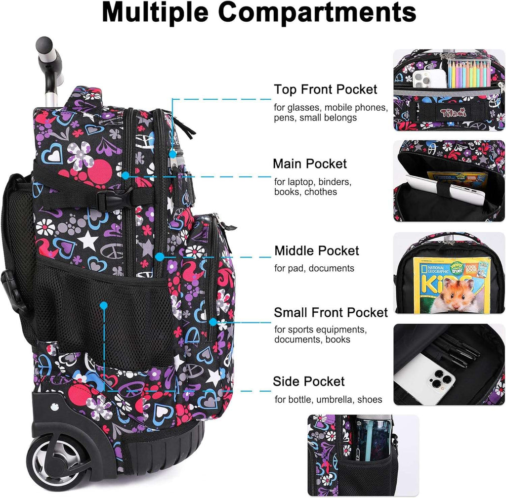 Tilami Rolling Backpack, 18 inch Shoulder Drop, Concealed Pockets and Wheel Cover, Laptop Backpack for Boys and Girls, Heart Black