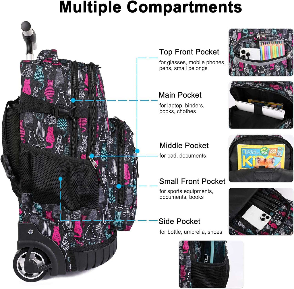 Tilami Rolling Backpack, 18 inch Shoulder Drop, Concealed Pockets and Wheel Cover, Laptop Backpack for Boys and Girls, Cat Black
