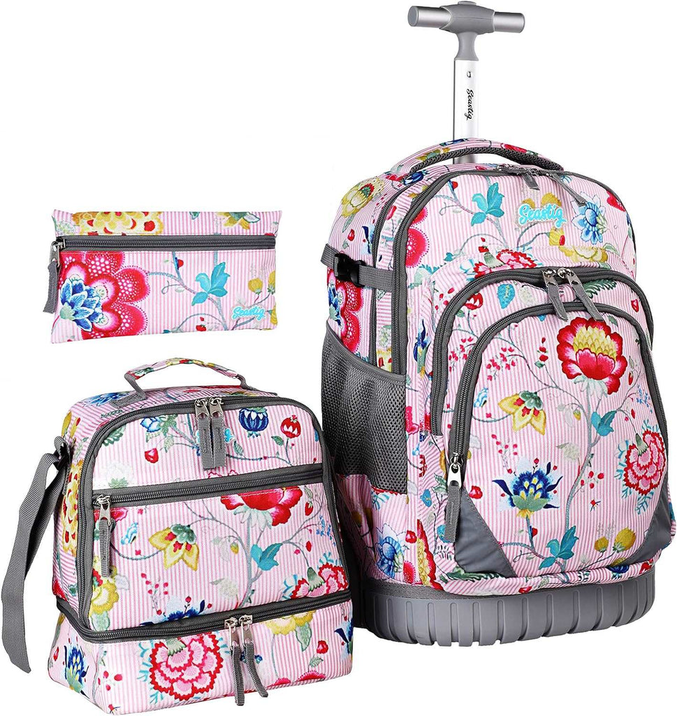 Seastig Flower Pink 18 inch Single Handle Rolling Backpack for Kids with Lunch Bag and Pencil Case Set