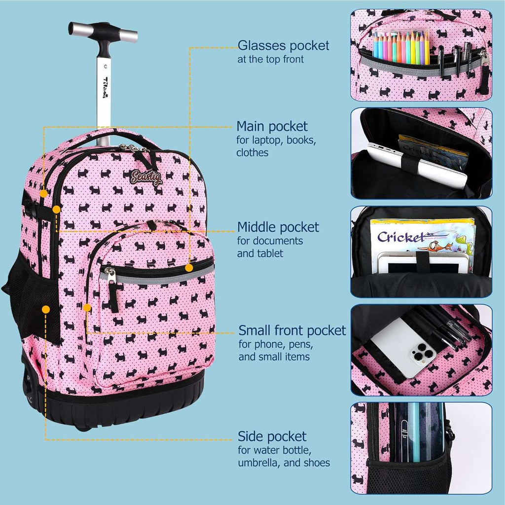 seastig Pink Dog Rolling Backpack 18in Wheeled Backpack Roller Backpack Carry-on Bag Laptop Backpack for Adults Kids School Trip