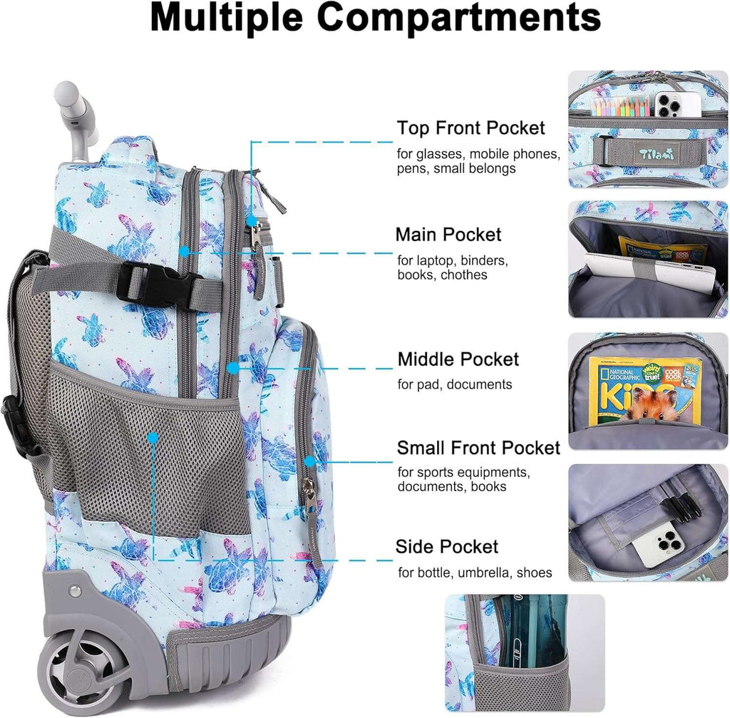 Tilami Blue Turtle Rolling Backpack 18 inch with Lunch Bag