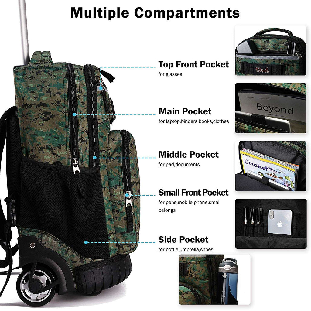 Tilami Green Camouflage Rolling Backpack 18 inch Wheeled Laptop Backpack Waterproof
