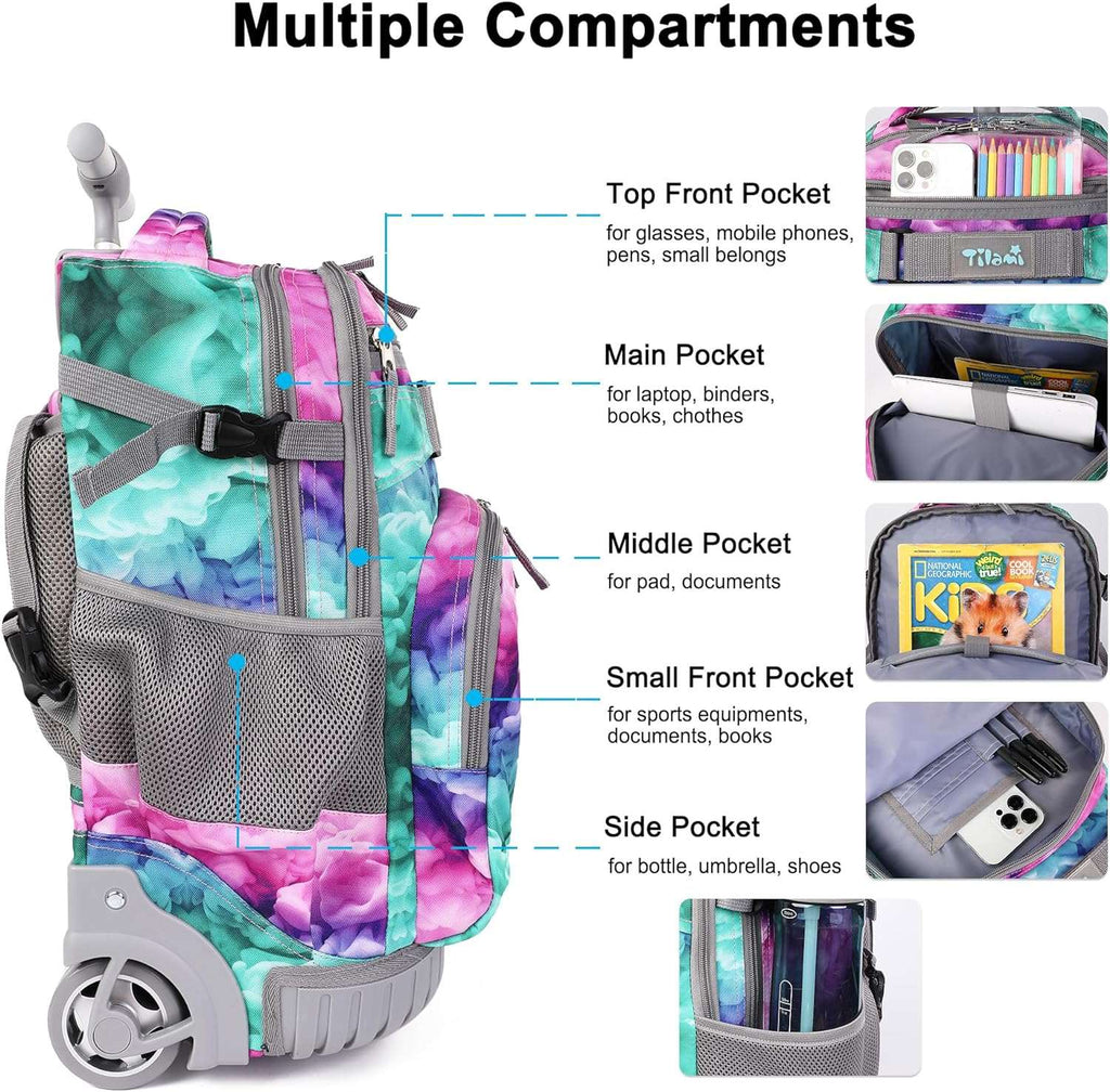 Girls Clouds Green Rolling Backpack with Lunchbox | Tilami – Tilamionline