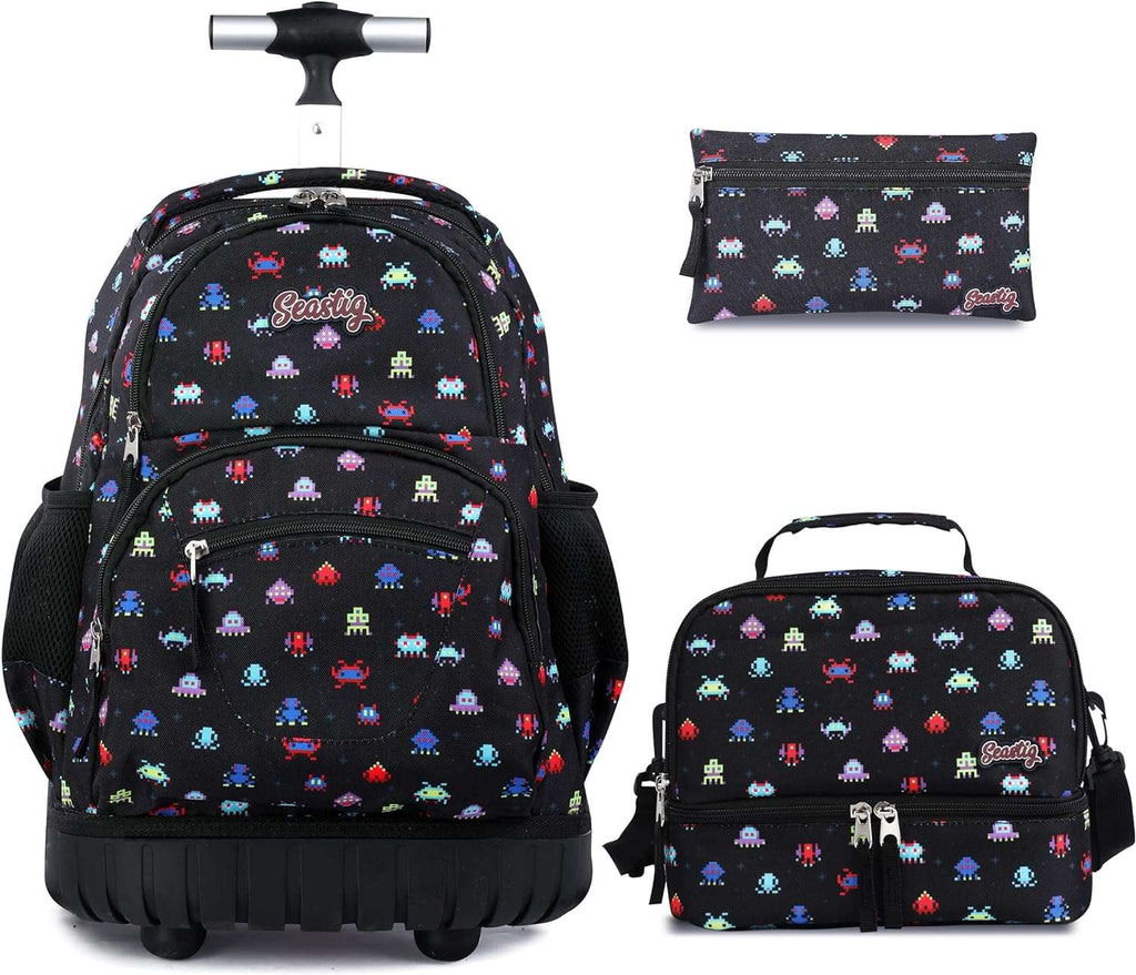 seastig Black Robot Rolling Backpack 16 inch Wheeled Backpack with Lunch Bag & Pencil Case Roller Backpack Set Carry-on Bag School Travel