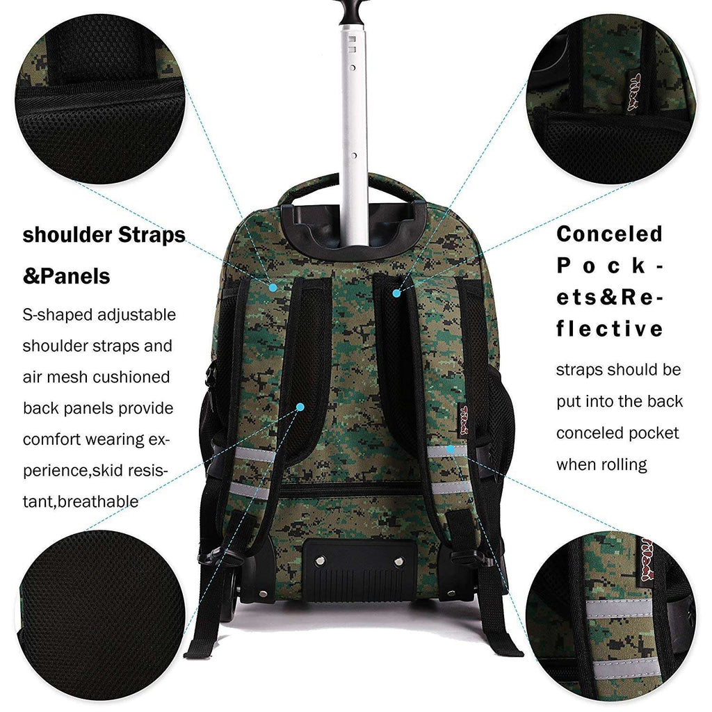 Tilami Green Camouflage Rolling Backpack 18 inch Wheeled Laptop Backpack Waterproof