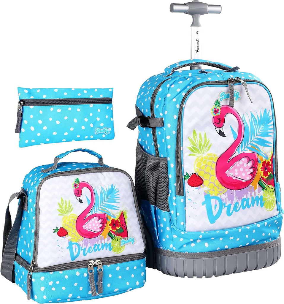 Seastig Swan Blue 18 inch Single Handle Rolling Backpack for Kids with Lunch Bag and Pencil Case Set