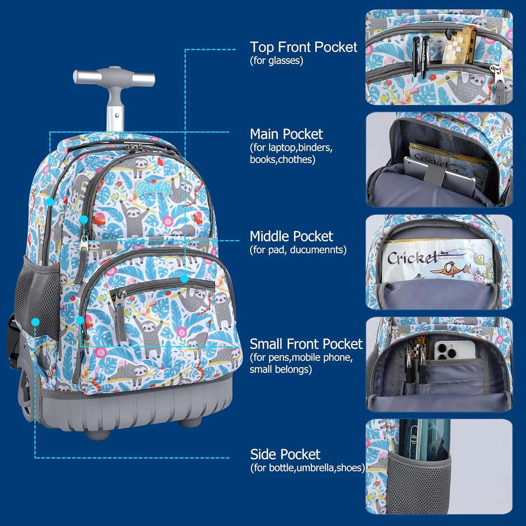 seastig Blue Sloth Rolling Backpack 16 inch Wheeled Backpack with Lunch Bag & Pencil Case Roller Backpack Set Carry-on Bag School Travel