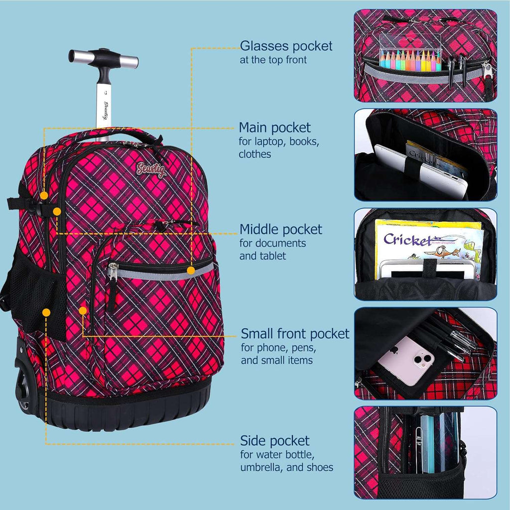 seastig Red Plaid Rolling Backpack 18in Wheeled Backpack Roller Backpack Carry-on Bag Laptop Backpack for Adults Kids School Trip
