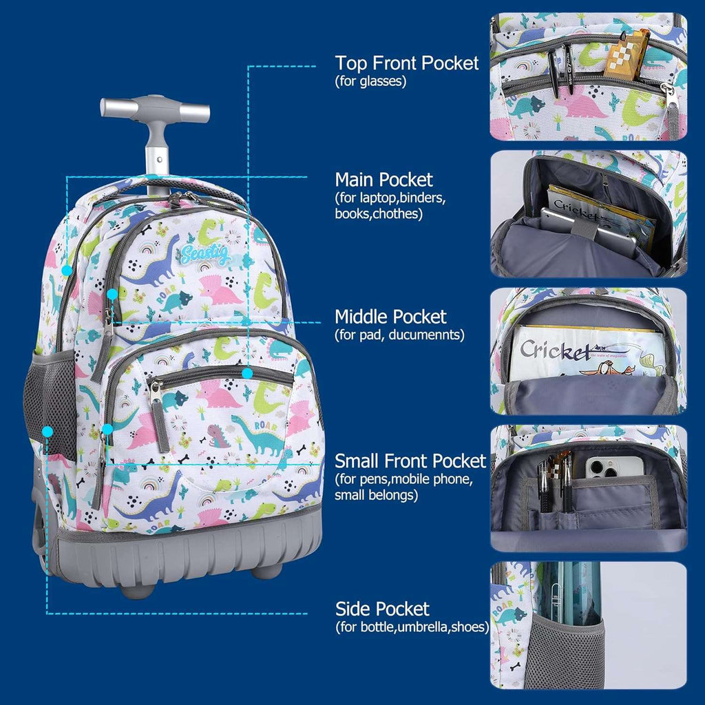 seastig White Dinosaur Rolling Backpack 16 inch Wheeled Backpack with Lunch Bag & Pencil Case Roller Backpack Set Carry-on Bag School Travel