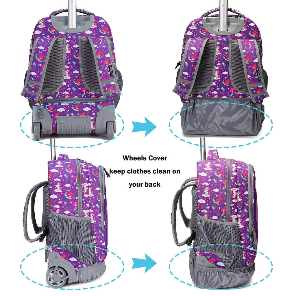 Tilami 18 inch Unicorn Purple Rolling Backpack For Kids Wheeled Backpack