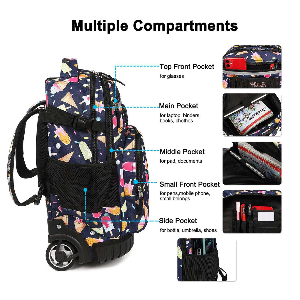 Tilami  Summer Rolling Backpack 18 inch with Lunch Bag Wheeled Laptop Backpack