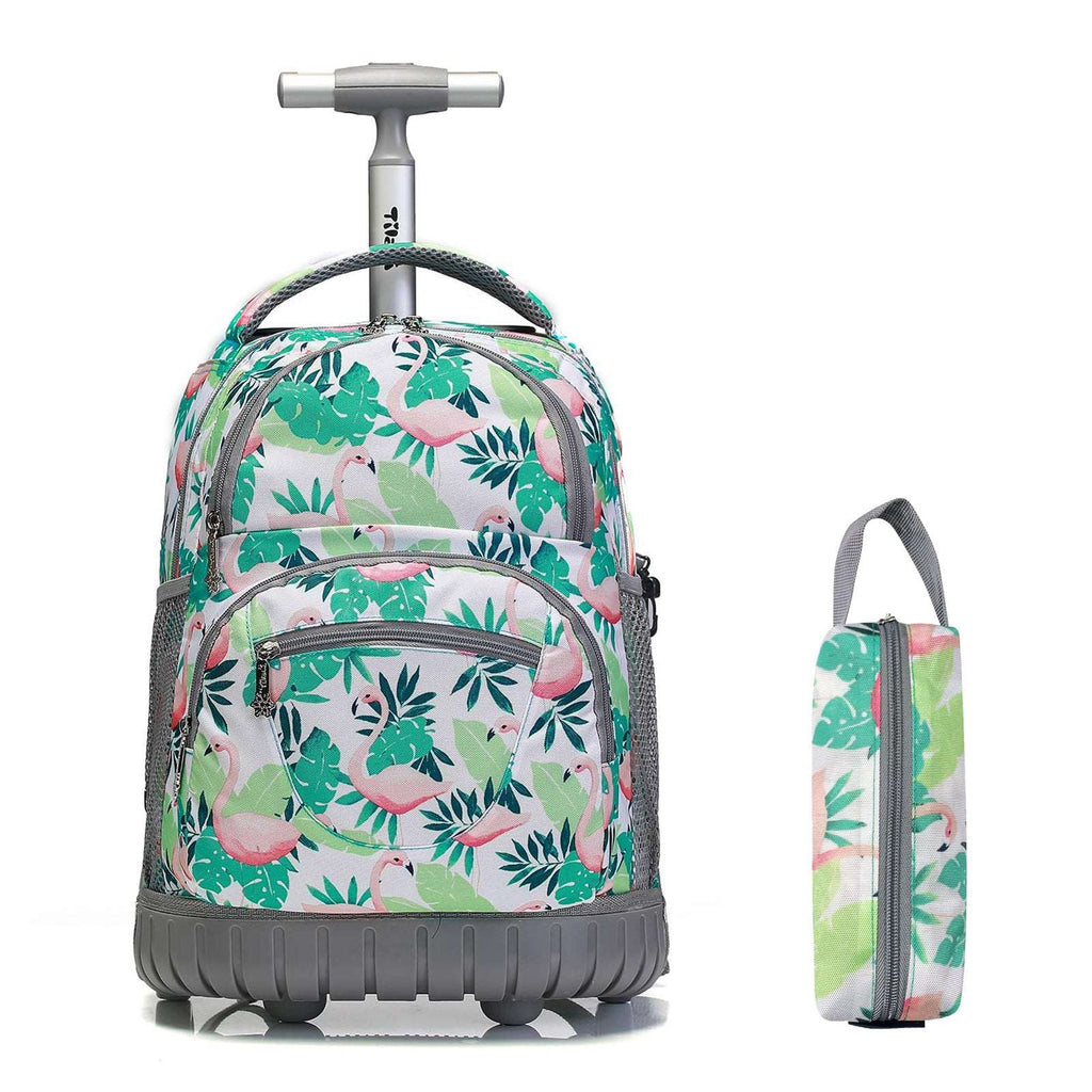 Tilami Flamingo Leaves Rolling Backpack 16 Inch with Pencil Case School for Boys Girls