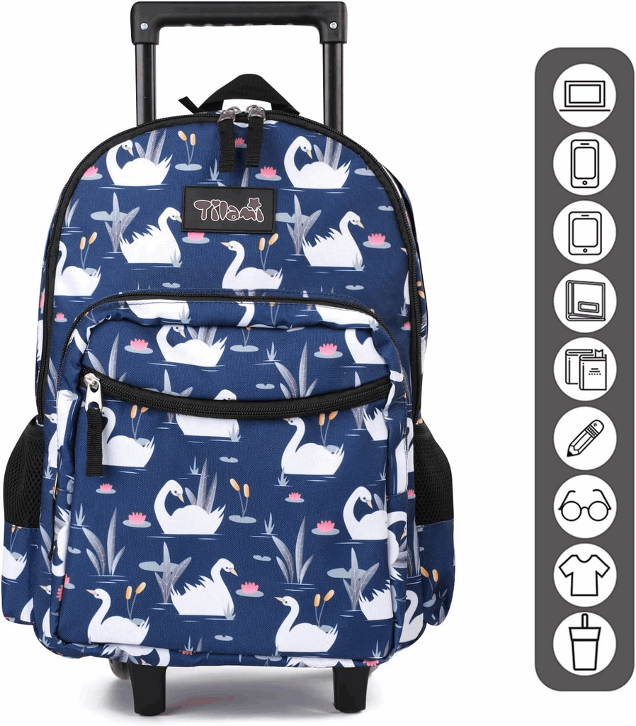 Tilami 18 inch Swan Blue Rolling Backpack for Kids